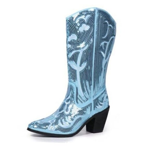 Women's Blue Sequin Mid Calf Cowboy Boot Size 7 - Picture 1 of 5